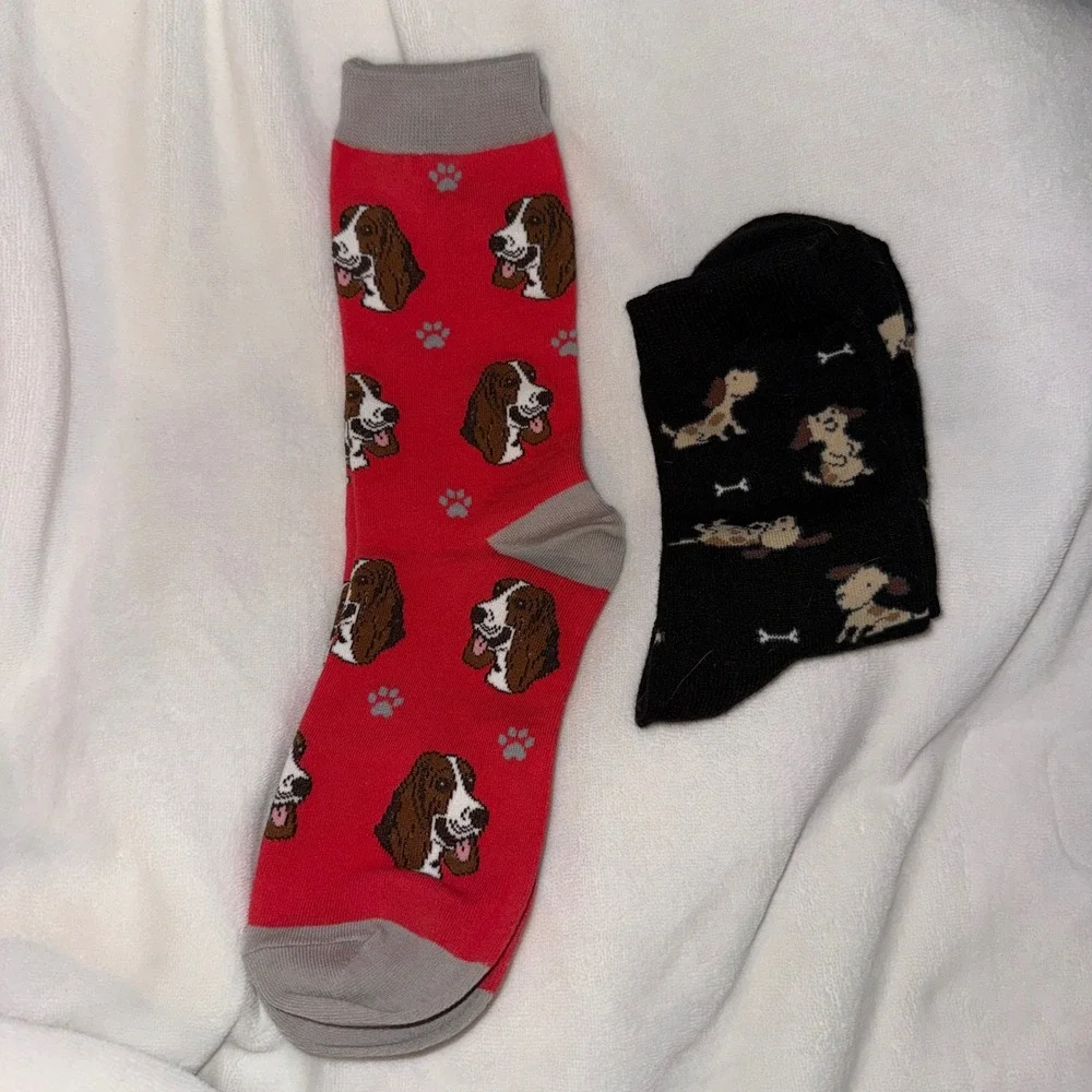 Womens Dog Pattern Socks Red Black Dachshund Basset Hound Novelty Ankle‎ 2 pair